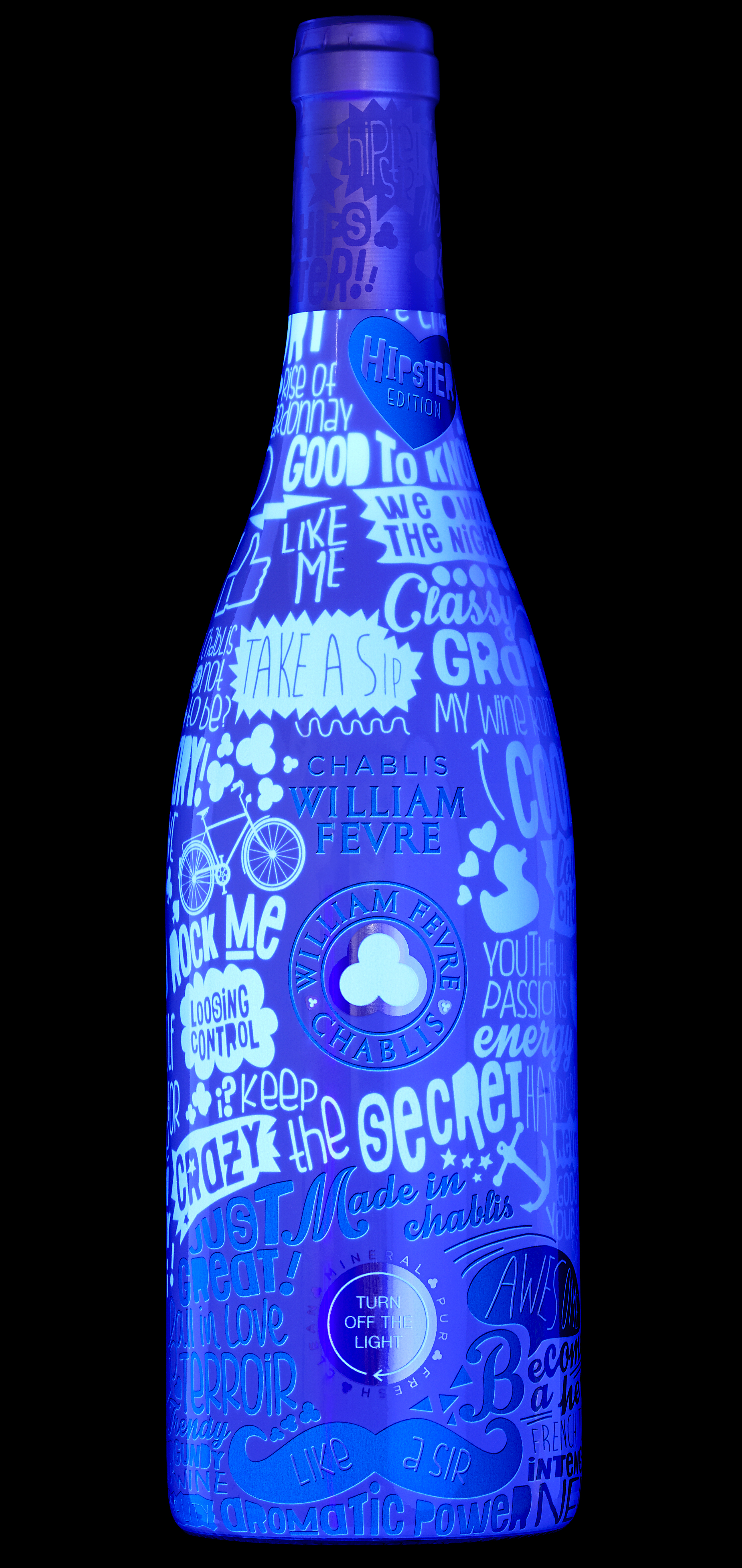 The William Fevre Chablis Hipster Edition Bottle Shines Under Black Light